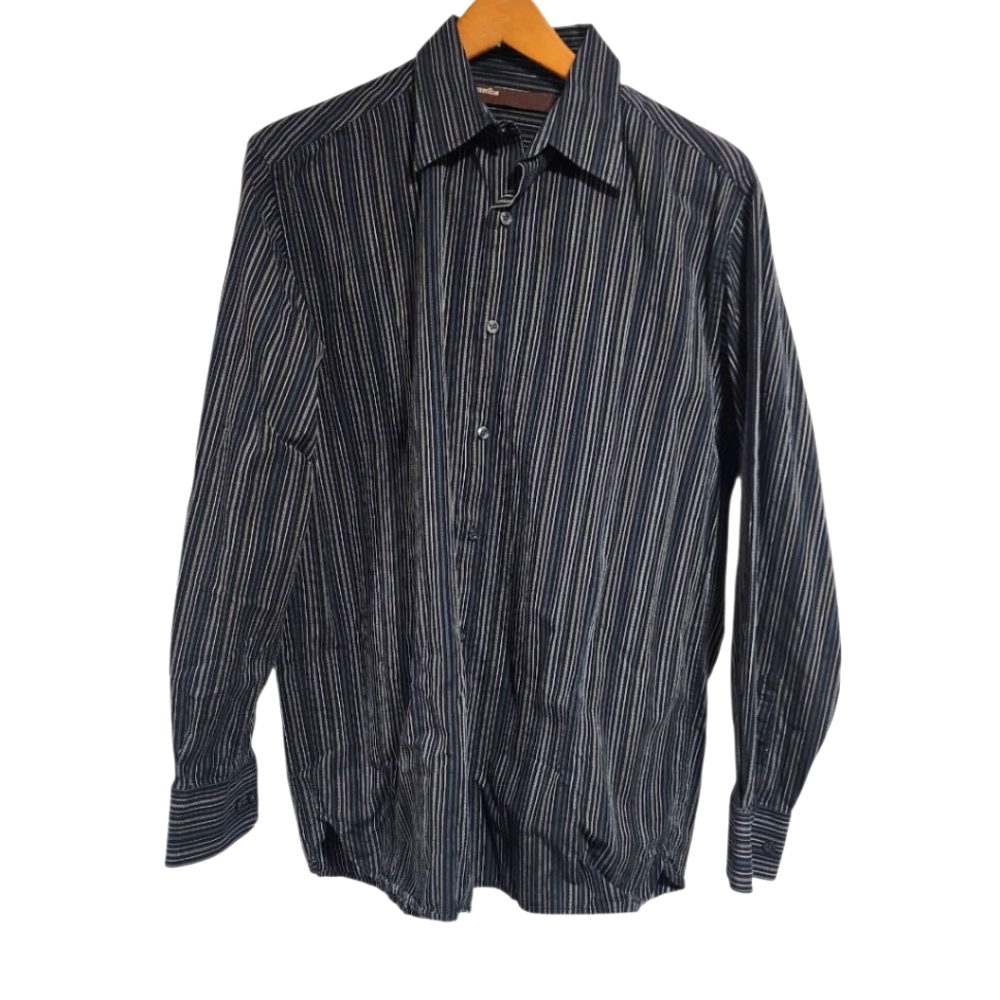 Perry Ellis👔Black/Gray/White/Yellow Stripes Button Down Long Sleeves Size M